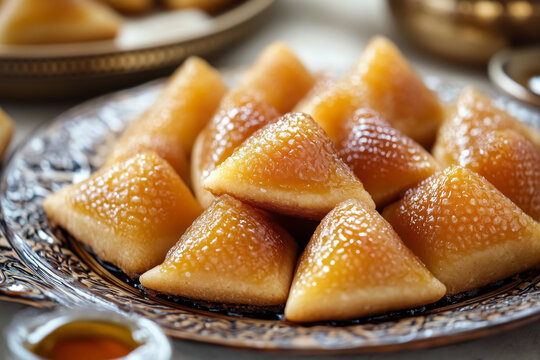 Close-up of a Tunisian date makroud, diamond-shaped semolina cookies filled with sweet dates and dipped in honey syrup, Mediterranean sweet food