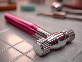 Naklejka premium Pink Dental Tool: Close-Up View on Tile Surface