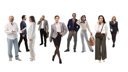 Business people isolated on white background diverse office style collage. Concept of corporate diversity, professional roles, teamwork, and modern workplace identity.