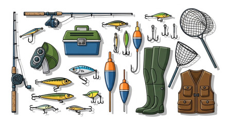 Collection of fishing equipment and accessories for recreational angling. © Dolarki