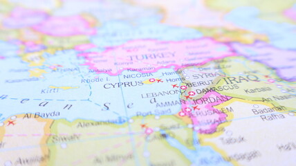Naklejka premium Turkey, Cyprus, Syria, Iraq, Jordan, Middle East Map on Globe