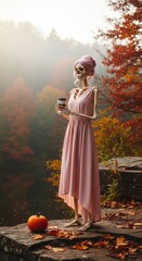 Autumn Coffee Break with Skeleton Lady