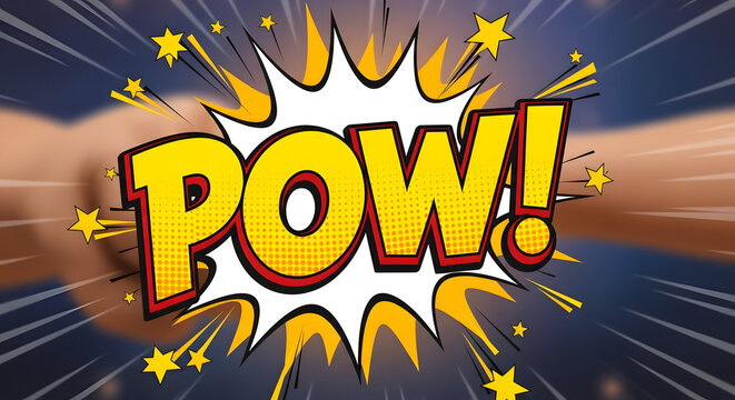 Pop art comic speech bubble with POW text on energetic explosion background for superhero concept Generative AI.