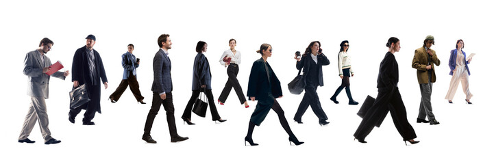 Fototapeta premium Business professionals walking isolated on white background collage. Concept of career movement, corporate ambition, recruitment campaigns, and modern workplace dynamics. Banner