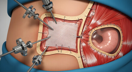 Bariatric surgery concept Laparoscopic surgery showing abdominal mesh implant and stomach