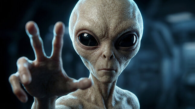 Hyper-realistic grey alien reaching hand towards camera with cinematic sci-fi lighting, close up portrait of extraterrestrial being in dark spaceship environment