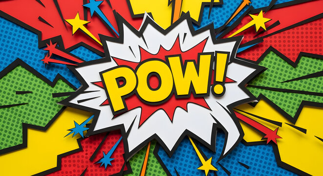 Pow text comic book pop art style with colorful speech bubble and halftone background Generative AI.