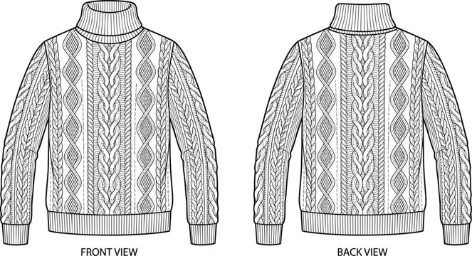 Cable knit turtleneck sweater front and back view detailed pattern illustration isolated on white background fashion technical drawing vector