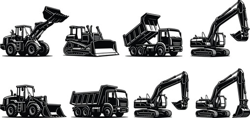 Construction heavy equipment set with excavator bulldozer loader and dump truck isolated on white background detailed black vector illustration © Art_By_Shoriphul