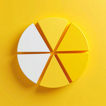 Top view pie chart with 6 equal segments on yellow backdrop, minimalist infographic style, business