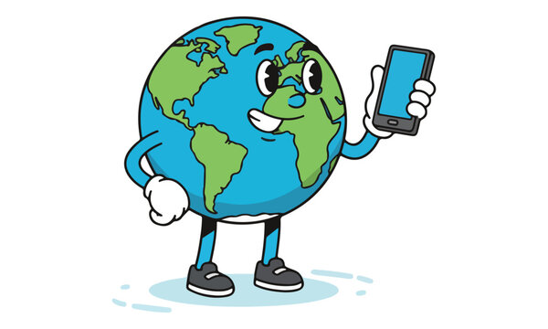 Earth Globe Cartoon Character Holding Smartphone