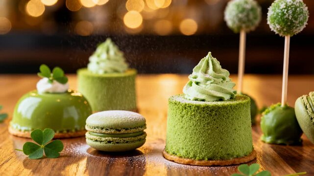 Sprinkling powdered sugar falling over matcha macaron and mousse cake on tabletop coating pastries
