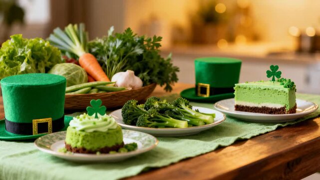 Tightening camera focusing St Patrick kitchen table, showing green cakes, leprechaun hats, broccoli