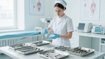 Obraz premium Nurse preparing medical instruments in a clinical setting