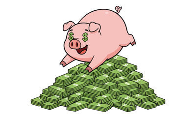 Cartoon Pig with Dollar Sign Eyes on Money Pile © progoz