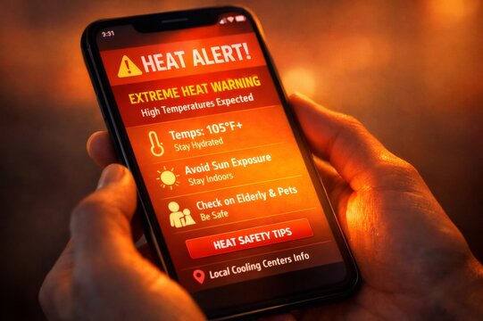 Hand holding a mobile device showing a critical public alert for extreme heat, providing important safety tips and information about high temperatures and heat safety
