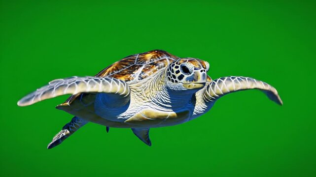 A majestic sea turtle with patterned shell and extended flippers swimming gracefully against a vibrant green background.