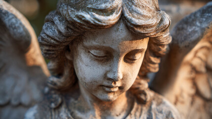 Naklejka premium Serene close-up of a weathered angel statue with intricate curls and soft expression bathed in gentle warm light capturing peaceful and timeless beauty