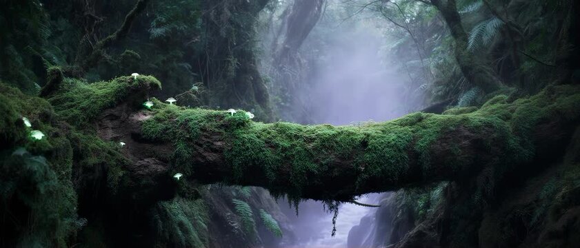 Floating Moss Bridge. Mystical Tropical Forest with Soft Fog & Light Rays. Cloud Forest. a fallen ancient log completely covered in thick glowing green moss acting as a natural bridge
