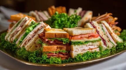 Naklejka premium Plate of deli sandwiches with meat, tomato, and lettuce. Fresh food for lunch party or casual snack. Culinary meal concept.
