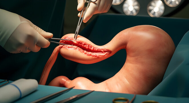 Bariatric surgery concept Surgical procedure on human uterus with forceps and instruments