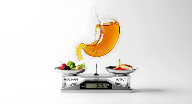 Bariatric surgery concept Stomach digesting food on a weighing scale with input and output