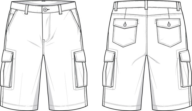 Cargo shorts technical fashion illustration front and back view with side pockets detailed apparel template isolated on white background