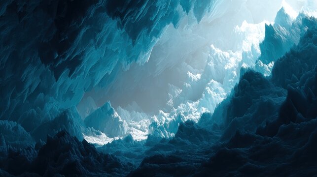Dark blue ice cave with white light. Abstract ice formations and frozen sharp peaks. Concept of cold environment, winter nature.