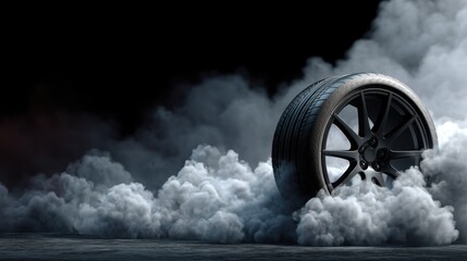 Car wheel burning rubber, tire smoke, and dark concrete drag race track background. Speed concept and automobile power.