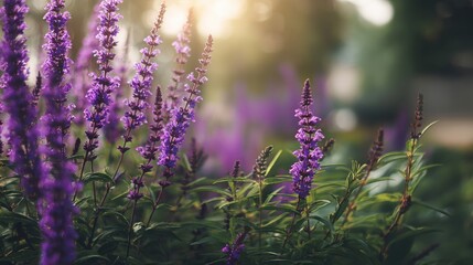 Obraz premium Purple flowering salvia plant with green leaves in a garden. Natural beauty concept for spring and summer background.