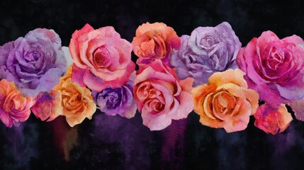 Colorful rose background with oil painting texture. Beautiful floral horizontal border design for a greeting card. Art texture for celebration event.