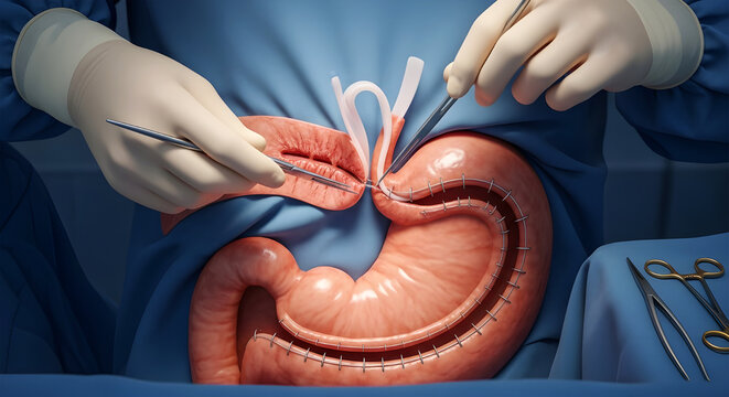 Bariatric surgery concept Surgeons perform gastric bypass surgery on a stomach with sutures