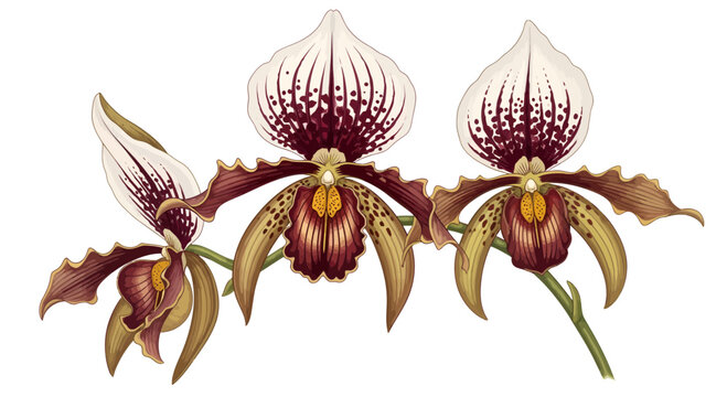 Three Exotic Paphiopedilum Orchids in Bloom.