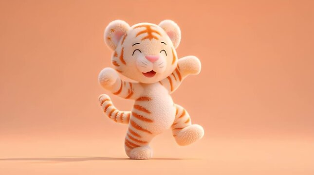 Adorable cartoon tiger cub joyfully dancing with an excited expression and striped pattern on a warm peach background, celebrating a happy moment