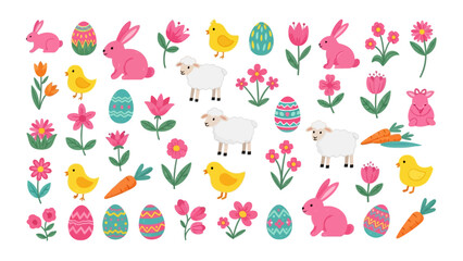 Cute Easter element set with pink bunnies chicks and lambs arranged with colorful eggs and flowers in flat vector style for spring holiday © your picture