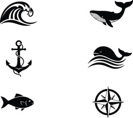 Fototapeta premium Nautical icon bundle anchor whale wave fish and compass icons