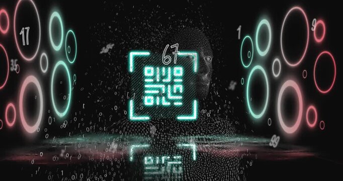 Digital animation of glowing qr code against rows of using laptop qr code on black background