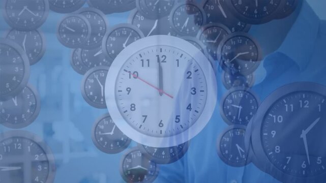 Animation of clock moving over rotating brain tall buildings
