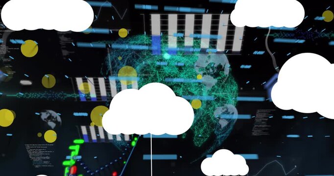 Animation of cloud icons and data processing over globe on black background