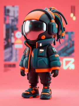 Cyber Kid Figurine, , personnage futuriste de style cyberpunk et 3D cartoon. Le personnage porte une combinaison spatiale moderne 