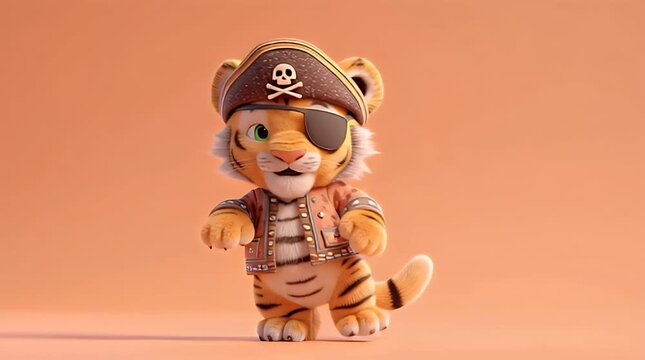 Charming animated tiger character playfully dressed as a pirate, featuring detailed fur and expressive eyes, ideal for captivating children's entertainment and creative projects