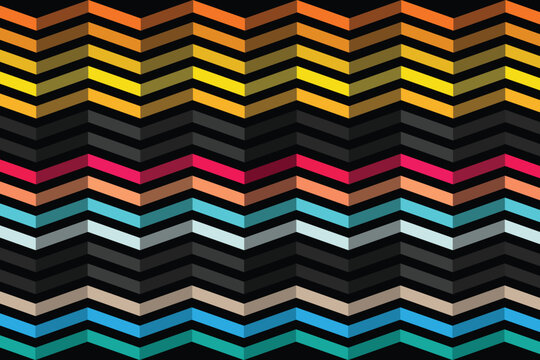A colorful abstract geometric pattern of chevron shapes in various vibrant hues and black accents
