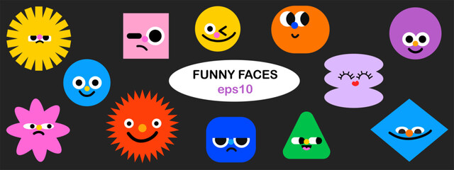 Abstract bright colorful geometric character cheerful face shapes. Doodle cute design emotion elements in cute style with mouth, eyes, different mood vector elements collection.
