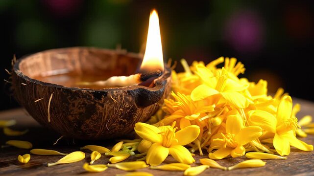 A Natural Coconut Shell Oil Lamp Burns Brightly Surrounded by Vibrant Yellow Marigold Flowers on a Wooden Surface with Soft Bokeh Background
