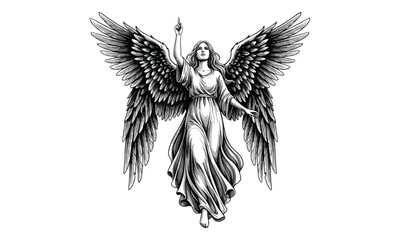Obraz premium Angel illustration with wings, pointing up, spiritual black and white drawing