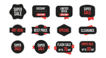 Fototapeta premium Set of 12 Black Sale and Discount Offer Vector Labels