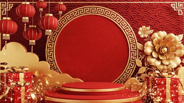 Chinese New Year Celebration with Red Lanterns, Golden Clouds, and Festive Gifts on a Podium Stage.