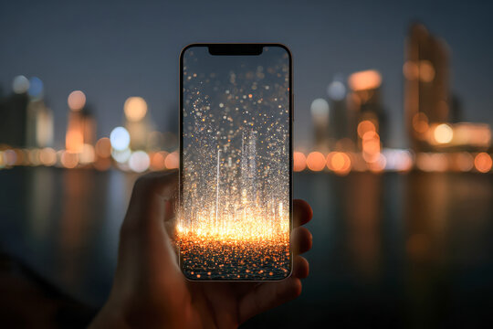 Hand holding smartphone capturing illuminated abstract golden light particles with blurred cityscape sparkling in the background during nighttime hours