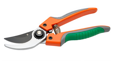 Fototapeta premium A pair of orange and green handled pruning shears with a smiling face.