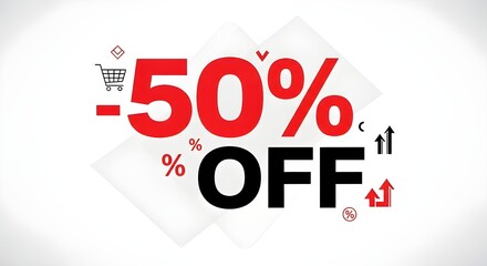 Red and Black 50% Off Discount Sale Promotion Text with Shopping Cart Icon